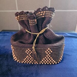 Vintage Brown and Gold Crochet Woven Beaded Cinch Bag Purse